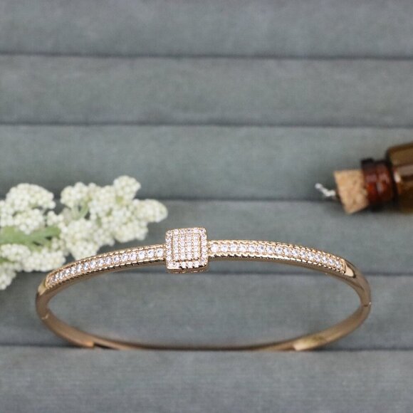 Elegant Rose Gold Bangle with Pave-Set Square Accent, XPBL0500 - Picture 12 of 12